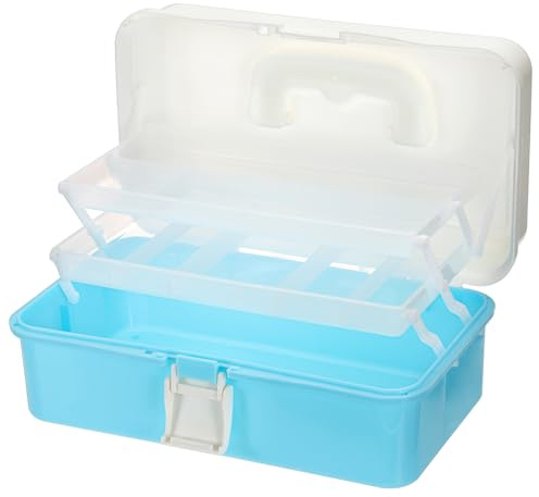 Hipiwe 3-Layer Plastic Storage Box 12.8 Multipurpose Craft Organizers with Dividers & Handle Hair Accessories Organizer Folding Craft Tool Case Portable Tackle Box for Sewing Art Cosmetic, Blue
