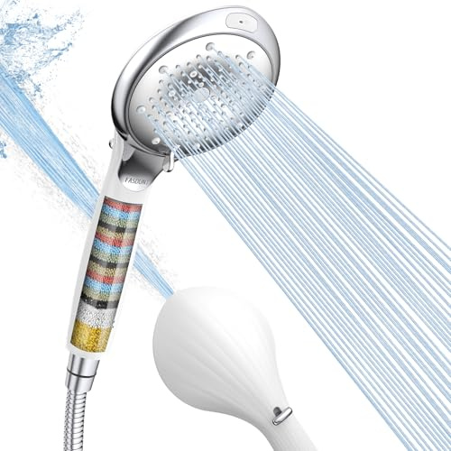 FASDUNT Pommeau de douche avec filtre contre le calcaire, 8 types de jets, haute pression, avec tuyau de 2 m, 20 couches, pour eau dure, chlore résiduel, métaux lourds, bactéries (blanc argenté)