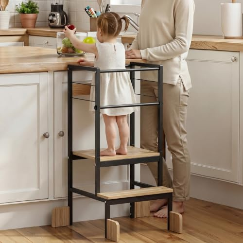 COSYLAND Torre de aprendizaje para niños a partir de 1 año, Torre de aprendizaje Montessori regulable en altura de madera con marco de hierro, torre de aprendizaje estable con protección contra caídas