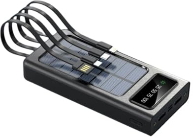 Power Bank solare, con cavi integrati, display LCD, ricarica di 5 dispositivi, nero/bianco (nero, milliampere ore, 20000.0)