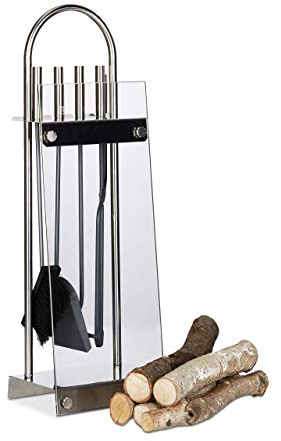 Relaxdays Accessori Camino, Set 5 Accessori Porta Attrezzi, Paletta, Pinza, Scopetta Attizzatoio Vetro e Acciaio Argento