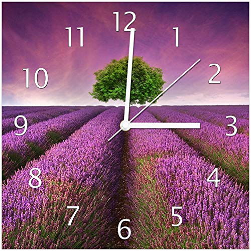 Wallario Design-Wanduhr Lila Blumenfeld aus Glas, Motiv-Uhr Größe 30 x 30 cm, weiße Zeiger