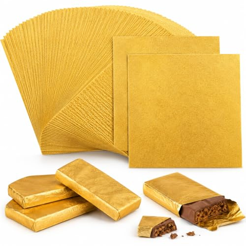 Folie Papier Wrapper 200 Stück Goldfolie Bonbonpapier Schokoladen Verpackung Papier Geschenkpapier aus Aluminiumfolie Bonbonpapier für DIY Süßigkeiten und Schokoladenverpackung(20 X 20cm）
