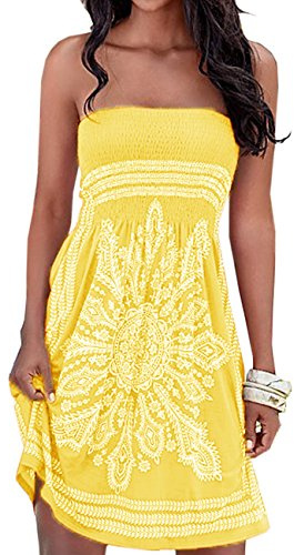 Damer sommar bandeau axellös flora mönster färgglada boho-stil casual mini strandklänningar, GUL, L