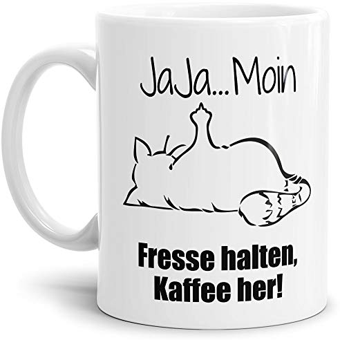 Tasse mit Spruch - Nö-Katze Ja Ja Moin - lustige Tasse für die Arbeit/Bürotasse/freche Tasse mit Katze/Geschenkidee lustig - Weiß