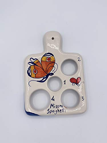 Amarcord Medida espaguetis y salvamanteles hecho y pintado a mano de cerámica con cuatro tipos de porciones con dibujo mariposa naranja