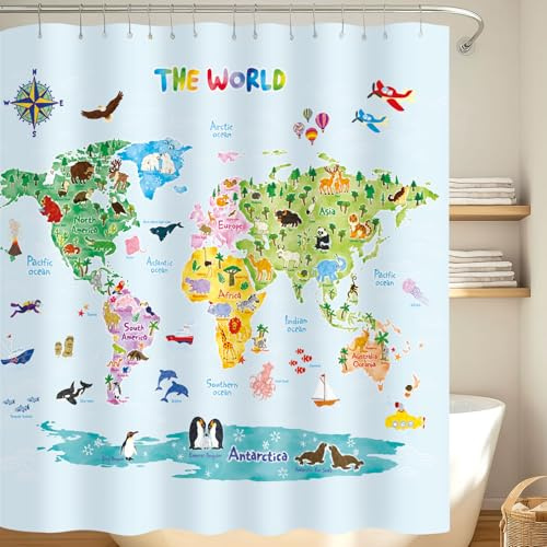 DECOWALL BSC-615 Kids Animal World Map Shower Curtain – Waterproof, Machine Washable, Rust-Resistant Grommets – Educational Bathroom Decor – 71x71(180x180cm) with 12 Hooks