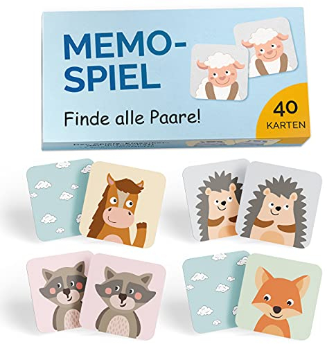 GLÜCKSWOLKE Memo - Spiel für Kinder ab 2 bis 6 Jahre, Montessori Spielzeug - fördert Konzentration + Merkfähigkeit, Lernspiele - Mit 7 Schwierigkeitsstufen, Kinderspielzeug - Neu (40 Karten)