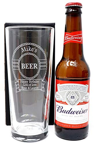Regalo Personalised Engraved 20oz Pint Glass & 330ml Budweiser Bottle - Lager Beer Design | Add Your Own Name or Message, Laser Etched | 4.5% ABV | 18+ (No Gift Box)