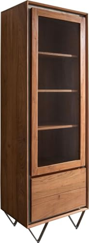 DELIFE Glasschrank Stonegrace Akazie Braun Steinfurnier 55x180 cm 1 Tür 2 Schübe V-Fuß Schwarz