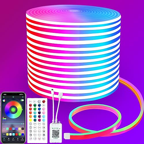 segrass 15M LED neon Lights Strip 24v RGB LED neon Rope with Remote/APP Control, IP65 Waterproof Flexible Neon LED Strip Lights for Bedroom,Room,Outdoors Decor