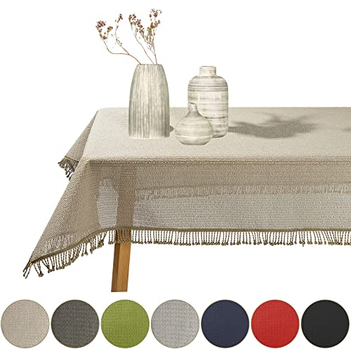 Gartentischdecke geschäumt eckig rund oval wetterfest rutschfeste Weichschaum Tischdecke abwaschbar Garten Balkon Outdoor Camping mit Fransen (Beige, 130x160cm (BxL))
