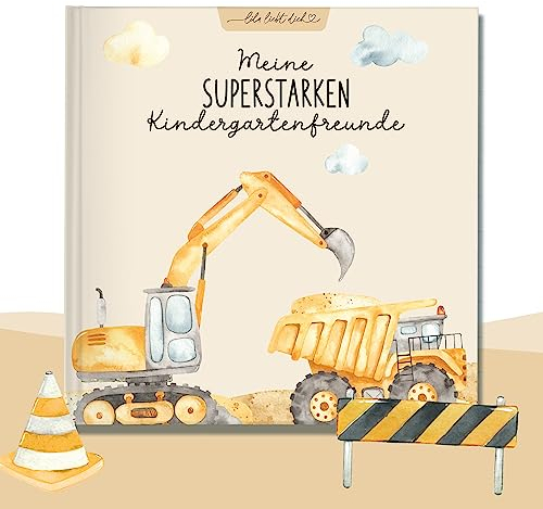 lila liebt dich® Freundebuch Kindergarten Bagger I Kindergarten Freundebuch Jungs - Kindgerecht mit Kreativseite, Geburtstagsliste & mehr I Liebevoll gestaltetes Kindergartenfreundebuch Jungen