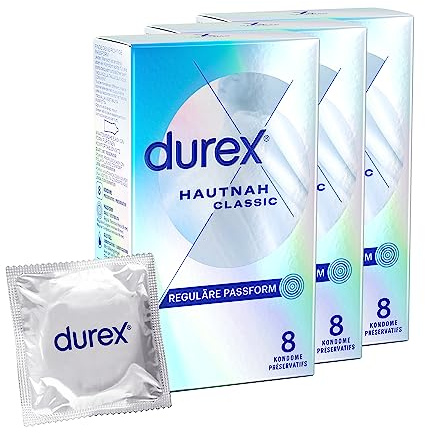 Durex Hautnah Classic Kondome – 24 Hauchzarte Kondome für intensives Empfinden und innige Zweisamkeit - 3 x 8 Stück