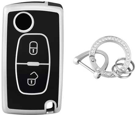 OFFCURVE Schlüsselhülle für Citroen C3 C4 Peugeot 207 307 mit Schlüsselring | TPU autoschlüssel hülle für Citroen 2-Tasten Klappschlüssel. Kompatibel mit Citroën C2 C3 C4 C5 Peugeot 207 307 308 407 3008
