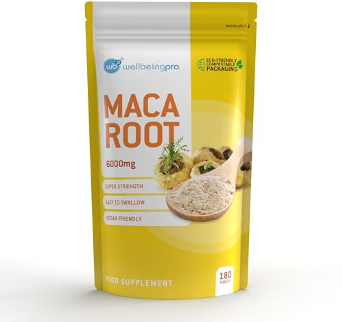 WBP Maca Root 6000mg Tablets (6 Month Supply) - Super Strength Vegan Extract - Eco & Letterbox-Friendly Compostable Packaging - Premium Quality GMP Certified Peruvian Maca Made in the UK - 180 Tablets