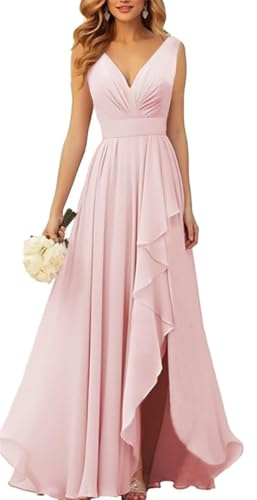 YIANN Robes de demoiselle d’honneur en mousseline à col en V pour femmes avec fente, robe de soirée ruchée en mousseline longue et formelle, rose, 38