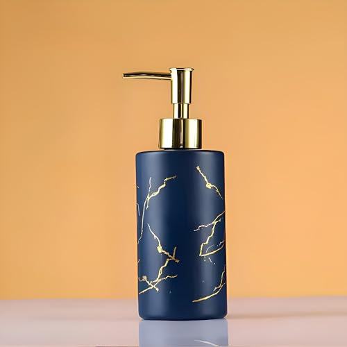 Générique Distributeur de Savon en Verre Marbré Dorée 320 ML - Design Élégant pour Salle de Bain ou Cuisine - Pompe Antirouille et Rechargeable - Idéal pour Savon Liquide, Lotion ou Gel Douche Bleu