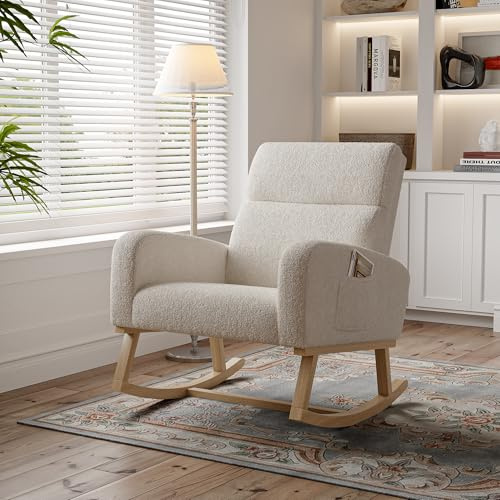 BPKADHY Gungstol teddy, gungstol med ryggstöd, fåtölj, relaxfåtölj, gungfåtölj, vardagsrumfåtölj, svängstol för sovrum, vardagsrum (beige – lammull)