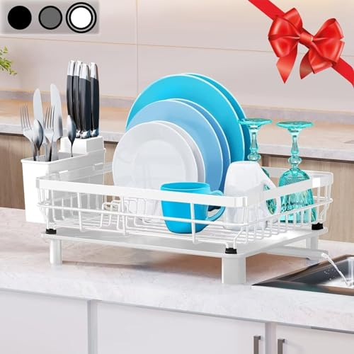 SPUSEN Dish Drainer Rack, Space-Saving Stainless Steel Dish Racks for Kitchen Counter, Dish Drainer with Removable Utensil Holder, Drainboard (White)