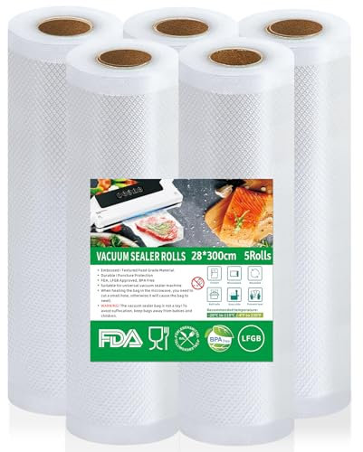 Votoko Sac sous Vide Alimentaire 5 Rouleaux 28 x 300 cm Rouleau Sous Vide Alimentaire pour la Conservation des Aliments et la Cuisson, 190 µm, Film Sous Vide Alimentaire sans BPA