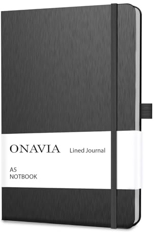 ONAVIA Cuaderno Rayado A5 Cuaderno de Viaje de Tapa Dura, Classic Libreta, Diario Premium Lineas de notas con Bucle de Lápiz, 160 páginas (Negro)