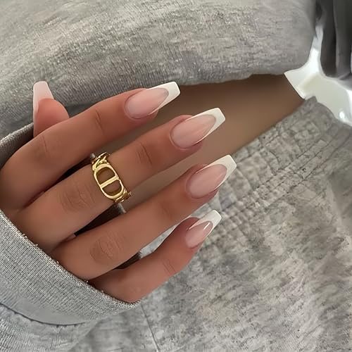 KQueenest Soft Gel Press On Nails French Tip - 30 Stück Weiß Nägel zum Aufkleben Mandel Sarg, Natürlich Fake Nails Künstliche Fingernägel zum aufkleben, Acryl Ballerina French Nägel für Frauen
