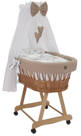 Wiklinopol Cestino Moses con baldacchino Lena – Culla in vimini con struttura – Cestino natur, set completo con biancheria a nido d’ape 5 pz. Safari beige – Con ruote, portatile, sicuro