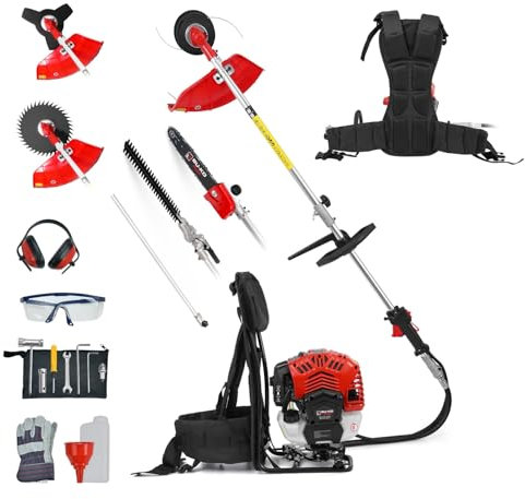 BU-KO 52cc Backpack Long Reach Multi Functional Petrol Garden Tool: Strimmers and Brush Cutter, Extendable Hedge Trimmer, Pruner Chainsaw, Petrol Grass Trimmers with 75cm Extension Pole