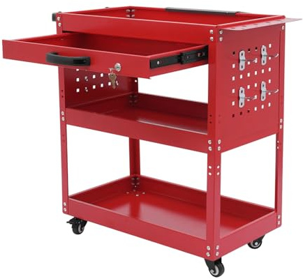 XUEMANSHOP Verktygsvagn i 3 nivåer med hjul, lådor och 10 krokar, lastkapacitet 250 kg, verkstadsvagn med lås, 77,6 x 81 x 35,66 cm (röd)