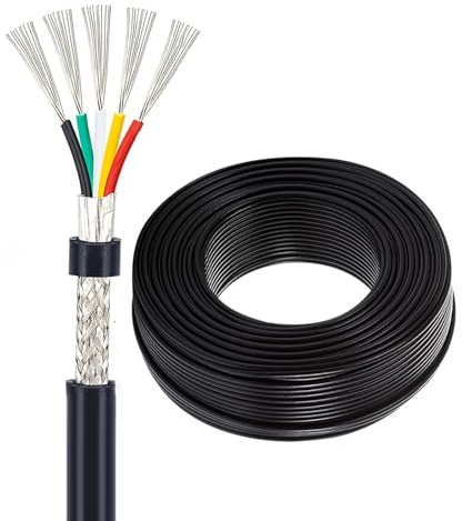 Flexibel Skärmad Kabel 16 AWG Rent Koppar 2–8 Ledare 32–100FT UL2464 EMI/RFI-skärmning, För Bil, 3D-skrivare, CNC VFD-spindel, Ljud, Högtalare(100ft,5-Cores)