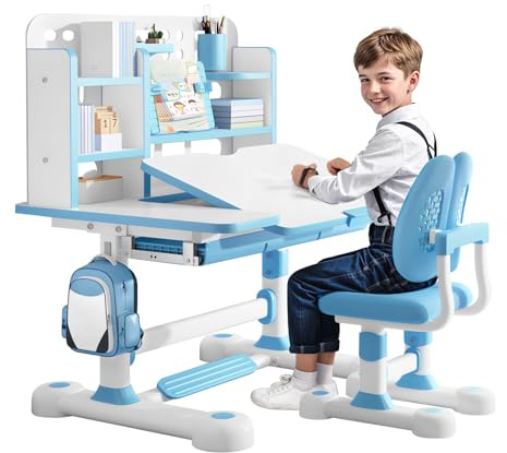 Tifemap Höhenverstellbar Kinderschreibtisch und Stuhl Set, Schreibtisch Kinder ab 3 Jahren, Ergonomischer Kinder Schreibtisch und Stuhl für Hausaufgaben, Malen und Basteln (Blau-2)