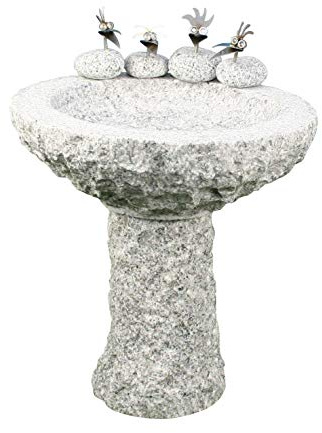 Gebrüder Lomprich Vogelbad aus Granit mit Fuß (4 Steinvögel am Rand sitzend)
