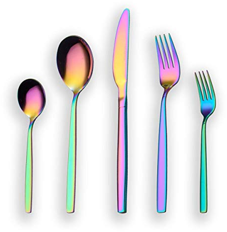 Berglander 30 Piece Titanium Rainbow Color Plated Stainless Steel Cutlery Set, 30 Pieces Colorful Flatware Set, Mutil Color Silverware Set Cutlery Sets, Service for 6 (Shiny Rainbow)