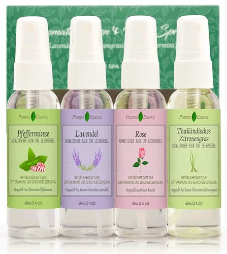 Linen and Pillow Spray Gift Set, (Lavender, Lemongrass, Rose, & Peppermint), Natural Air Fresheners Made with Pure Essential Oils & Minimal Ingredients, Perfect Bathroom Spray or Linen Mist
