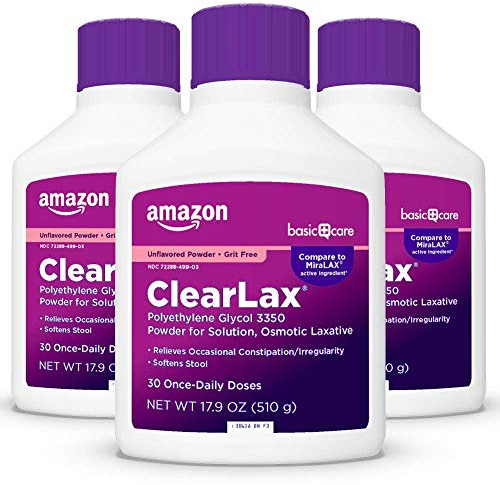 Amazon Basic Care ClearLax, Polyethylene Glycol 3350 Powder for Solution, Osmotic Laxative, Unflavored, 1.11 pound (Pack of 3)