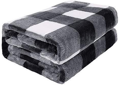 PiccoCasa Plaid Flannel Fleece Throw Blanket,Buffalo Checkered Soft Blankets and Throws,Plush Lightweight Decorative Blanket for Couch Sofa Traveling,50 x 60,White and Black Tartan