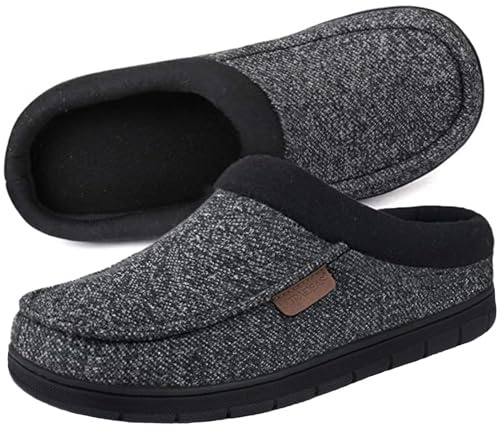 ULTRAIDEAS Men's House Slippers, Indoor Outdoor House Shoes with Non-slip Rubber Sole, Summer Breathable Cotton Blend & Winter Warm Fuzzy Moccasin Slippers, Machine Washable Memory Foam, Gift for Father(Black/Gray, 9-10)