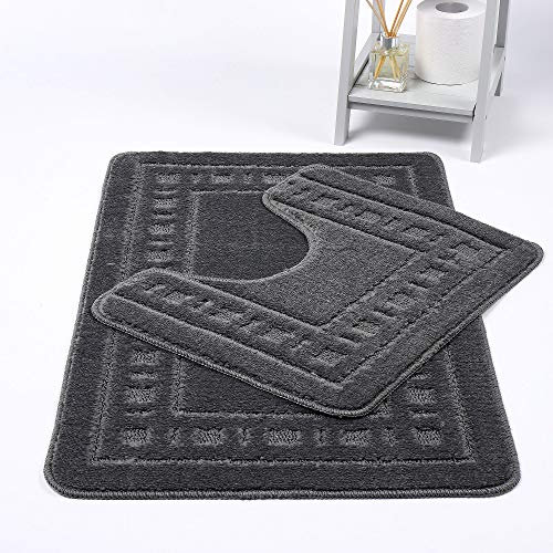 NIGHTZONE Diem 2 Piece Bath Mat & Pedestal Set Non Slip Extra Absorbent Bathroom Toilet Rug Bath Mats Set (Grey)