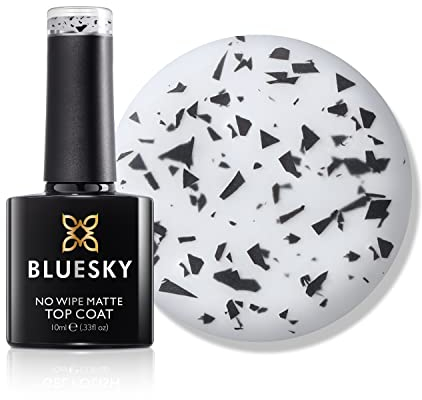 BLUESKY Esmalte de uñas de gel, efecto de cáscara de huevo moteado, capa superior mate, 10 ml, acabado mate, transparente con piezas negras (requiere secado bajo lámpara UV/LED)
