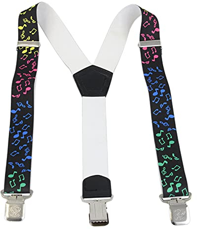 Leoodo Hosenträger Herren Damen Breit Y-Form für Arbeitshosen Skihose Motoradhose Fest lustig mit 3er Starken Clips und verschiedenen Motiven, HT Farbe:Schwarz Music