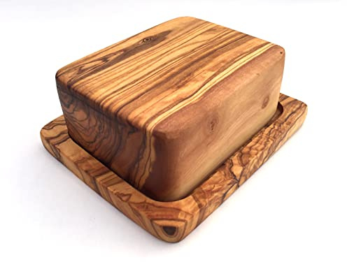 Mantequera con tapa adecuada para un trozo de mantequilla alemana de 250 g, hecho a mano de madera de olivo de alta calidad, idea de regalo