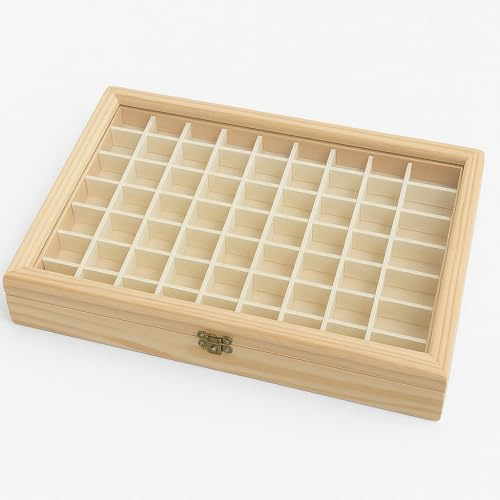 Vitrine Sammlungen mit 81 Fächern, ideal für Fingerhüte, Maße: 30 x 5 x 40 cm, Kiefernholz, lackierbar.