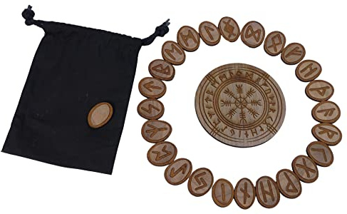 25 Runensteine aus Holz Runenset Nussbaum Vegvísir Vegvisir Kompass (Runen 20x25mm Kompass 80mm)