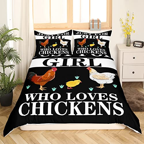 Homewish Bettwäsche-Set mit Huhn, 135 x 200, rustikaler Bauernhaus-Tierdruck, Bettbezug, Henne, Hahn, Huhn, Bettbezug für Mädchen, Teenager, Frauen, schwarz, weiß, weich, Tagesdecke