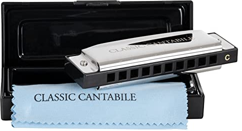 Classic Cantabile AHB-250 Alabama Blues Harmonica C-Dur - Ideal für Einsteiger - Diatonische Anfänger Mundharmonika m. 10 Phosphor-Bronze Stimmzungen - Edelstahlgehäuse - Inkl. Box & Pflegetuch