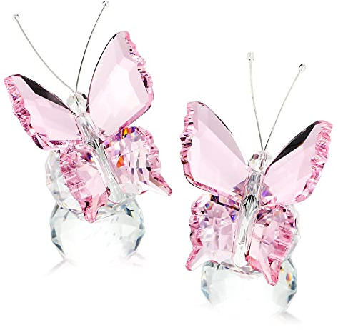 kanpura 2 Pcs Crystal Butterfly Figurines with Clear Glass Ball Base,Glass Butterfly Statues, Crystal Animal Figurines for Home Decor, for Women(Pink)