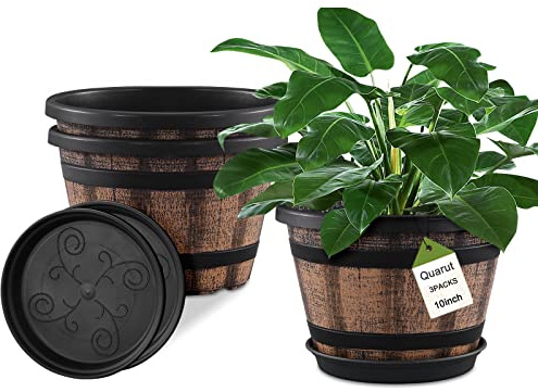 Quarut 3 Pack 10 inch Plant Pots,Whiskey Barrel Planters with Drainage Holes & Saucer, Plastic Decoration Flower Pots Imitation Wine Barrel Design, for Indoor & Outdoor Garden Home Plants (Brown)