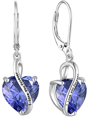 YL Pendientes Corazón Plata de Ley 925 con 12 piedras de Nacimiento Circonita I love you Pendientes para Mujer