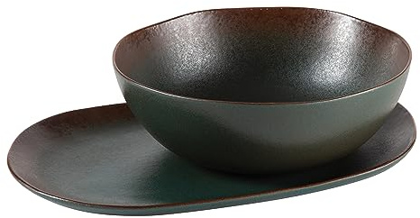 Bloomhouse - Two Time Oprah's Favorite Things Winner - Palermo Sun 2 Piece Serving Bowl and Oval Platter Stoneware Reactive Glaze Serveware Set - Agave Blue